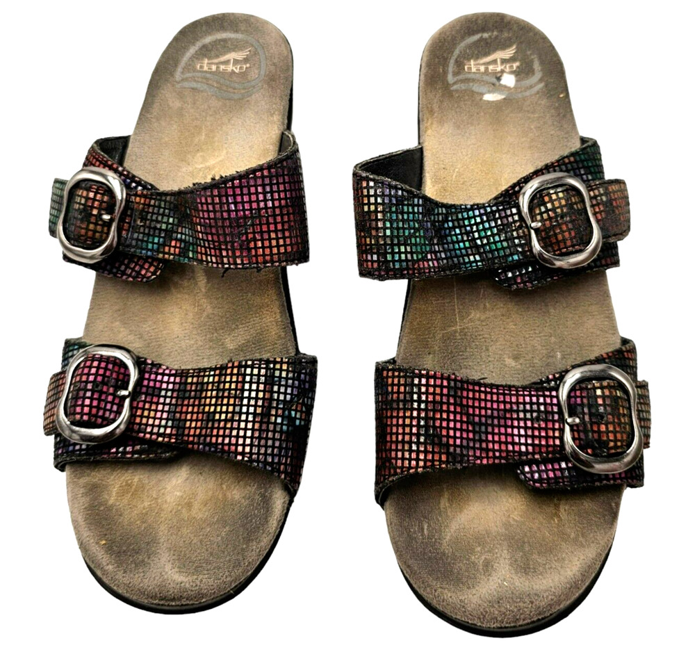 Dansko Sandals Womens Size 8 Rainbow Metallic Slides 38 Wedge Double Strap Ombre
